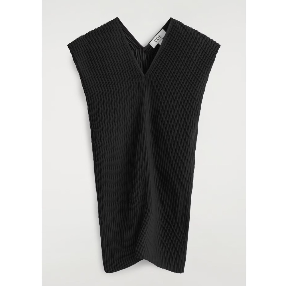 COS Black Permanent Pleated Sleeveless V-Neck Top Sz 3 Minimalist Sculptural